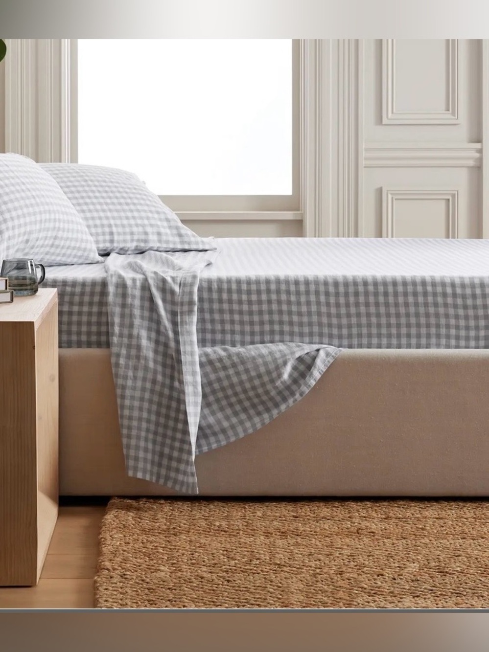 NWT Quince European Linen Gingham 4 Pc Sheet Set, King (Blue Fog)